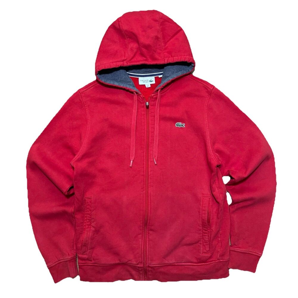 Lacoste Sport Hoodie Men’s Size M Red Full Zip Hooded Sweatshirt Distress Grunge